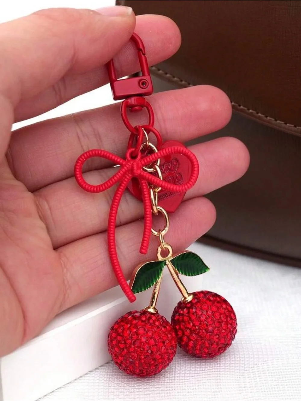 Source Unknown Red Cherry Crystal Keychain with Green Leaves